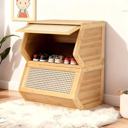 Bamboo Shoe Rack with Flip Drawer Freestanding Narrow Entryway Shoe Organizer 2 Sizes Stackable Storage for Living Room Bedroom