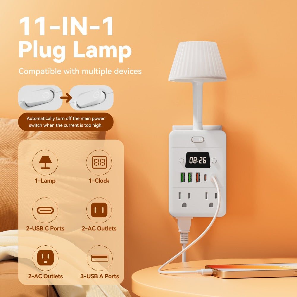 Power Strip Extender with Digital Clock & Desk Lamp – 4 AC Outlets, 3 USB & 2 Type-C Ports, One-Touch On/Off, Overload Protector | Multi-Function Surge Protector for Home, Office, Dorm & School