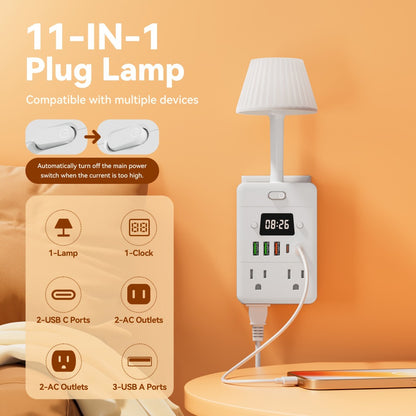Power Strip Extender with Digital Clock & Desk Lamp – 4 AC Outlets, 3 USB & 2 Type-C Ports, One-Touch On/Off, Overload Protector | Multi-Function Surge Protector for Home, Office, Dorm & School