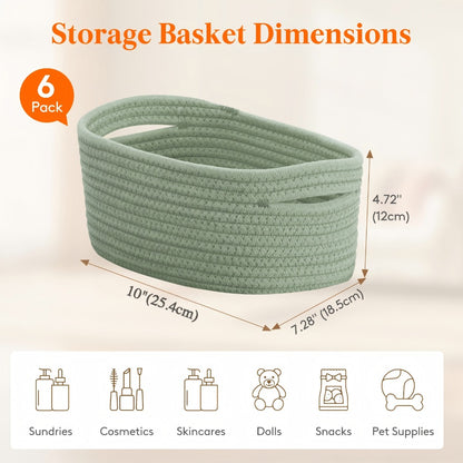 Woven Storage Baskets 6-Pack Cotton Rope Cube Bins 11x7x5" | Handmade Small Shelf Baskets for Organizing Closet Bedroom Living Room Playroom | Round Decorative Storage Caddy Multiple Colors