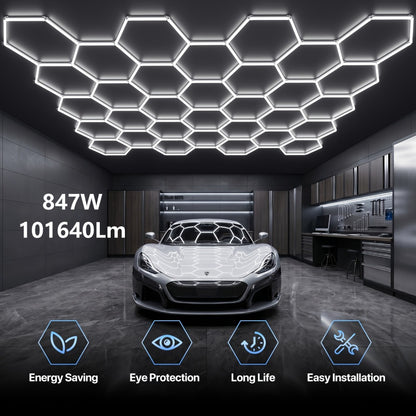 LED Hexagonal Garage Light 6500K – Super Bright Daylight White Shop Light 42W–620W for Auto Detailing, Warehouse, Workshop, Basement & Gym (1 to 32 Grids, Hex Frame Available)