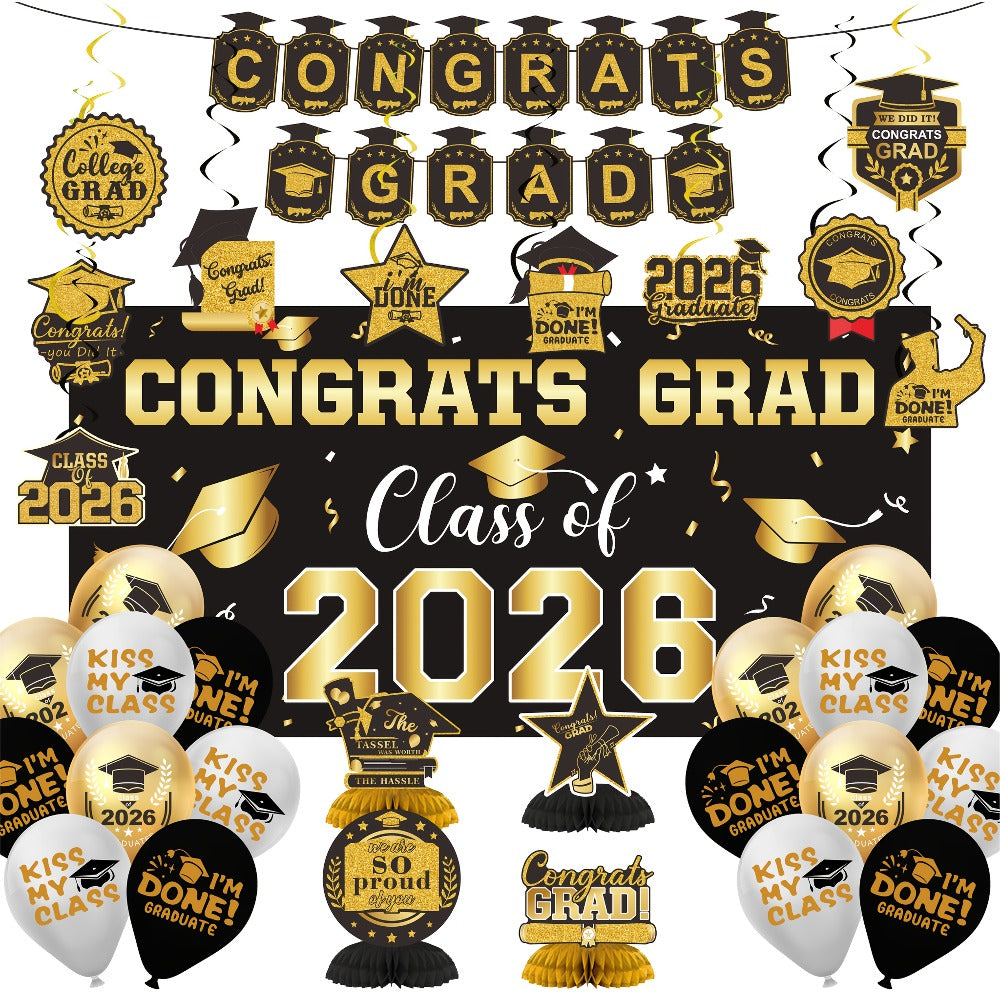 2026 Graduation Decorations Set – Congrats Grad Banner, Backdrop, Hanging Swirls & Honeycomb Table Toppers, Class of 2026 Party Supplies Kit