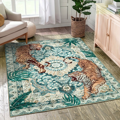 Tiger Print Rug Washable Non-Slip Area Rug - Jungle Forest Design Ultra-Thin Indoor Carpet for Living Room Bedroom Home Office, Red Green Beige, 5x7 6x9 8x10 9x12ft
