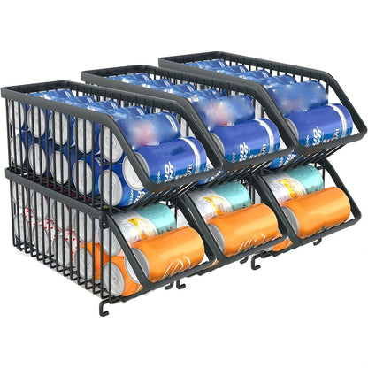Stackable Can Organizer for Refrigerator 6-Pack | Metal Soda Can Holder Dispenser Storage Rack for Kitchen Pantry Cabinet Countertop, Black