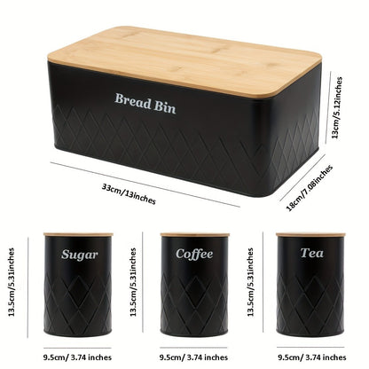 Bread Bin with 3-Piece Canister Set for Tea Sugar Coffee - Flip-Top Lid Kitchen Storage Containers Countertop Organizer Set