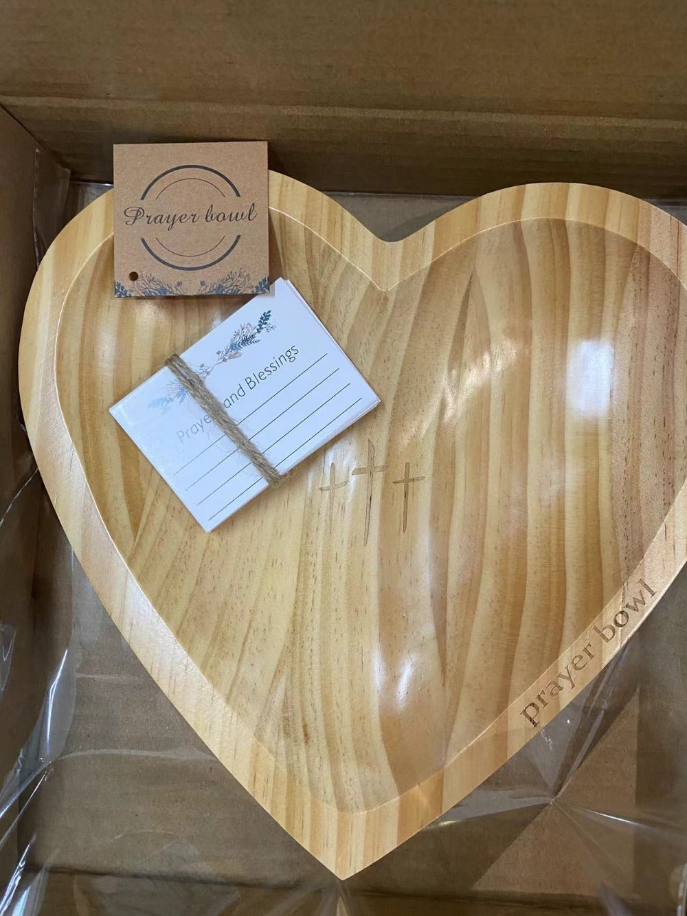 Wooden Prayer Bowl with 24 Prayer Cards – Hand-Carved Heart Shaped Cross Engraved Vintage Religious Gift Set for Easter, Christmas, Thanksgiving, Home Altar & Prayer Room Tabletop Decor