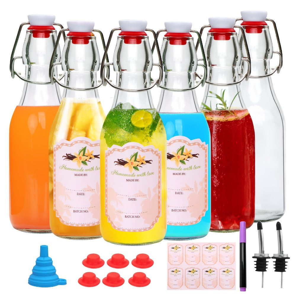 Glass Swing Top Bottles 8.45oz – Round Iron Clasp Airtight Bottle Set with Funnel for Juice, Kombucha, Syrup & Oil Storage, Reusable Flip Cap Glass Bottles (6, 9, 12 or 18 Pack)