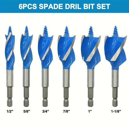 Drill Bit Set 6PCS Hex Shank Quick Change - Metal Hexagonal Handle with 4 Slots & 4 Blades, Multi-Purpose Wood & Metal Drill Bits for Door Locks Drawers Hole Drilling Woodworking DIY Projects