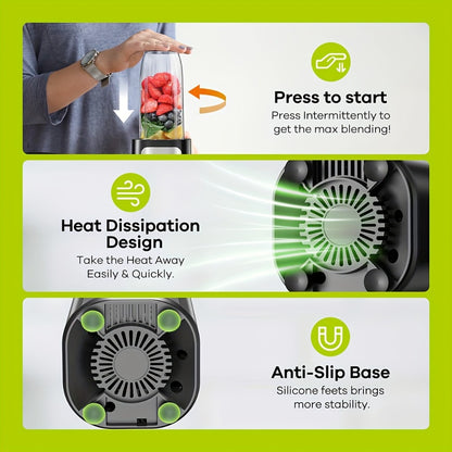 Personal Smoothie Blender 15pcs - Blender for Shakes and Smoothies with Grinder Combo 2-Speed Control - 4 BPA-Free Portable Blender Cups Smoothie Maker for Home Gym Travel - Silvery Black