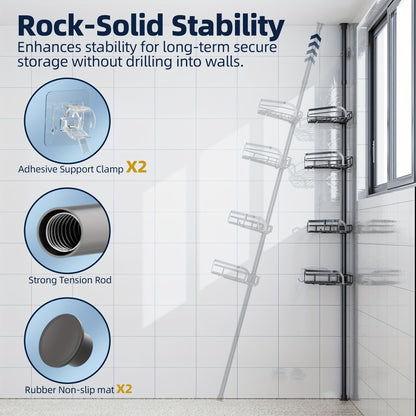 Corner Shower Caddy Tension Pole No Drilling Shower Organizer Shelf with Hooks for Bathroom Bathtub Shampoo Soap Storage Adjustable Height Rustproof