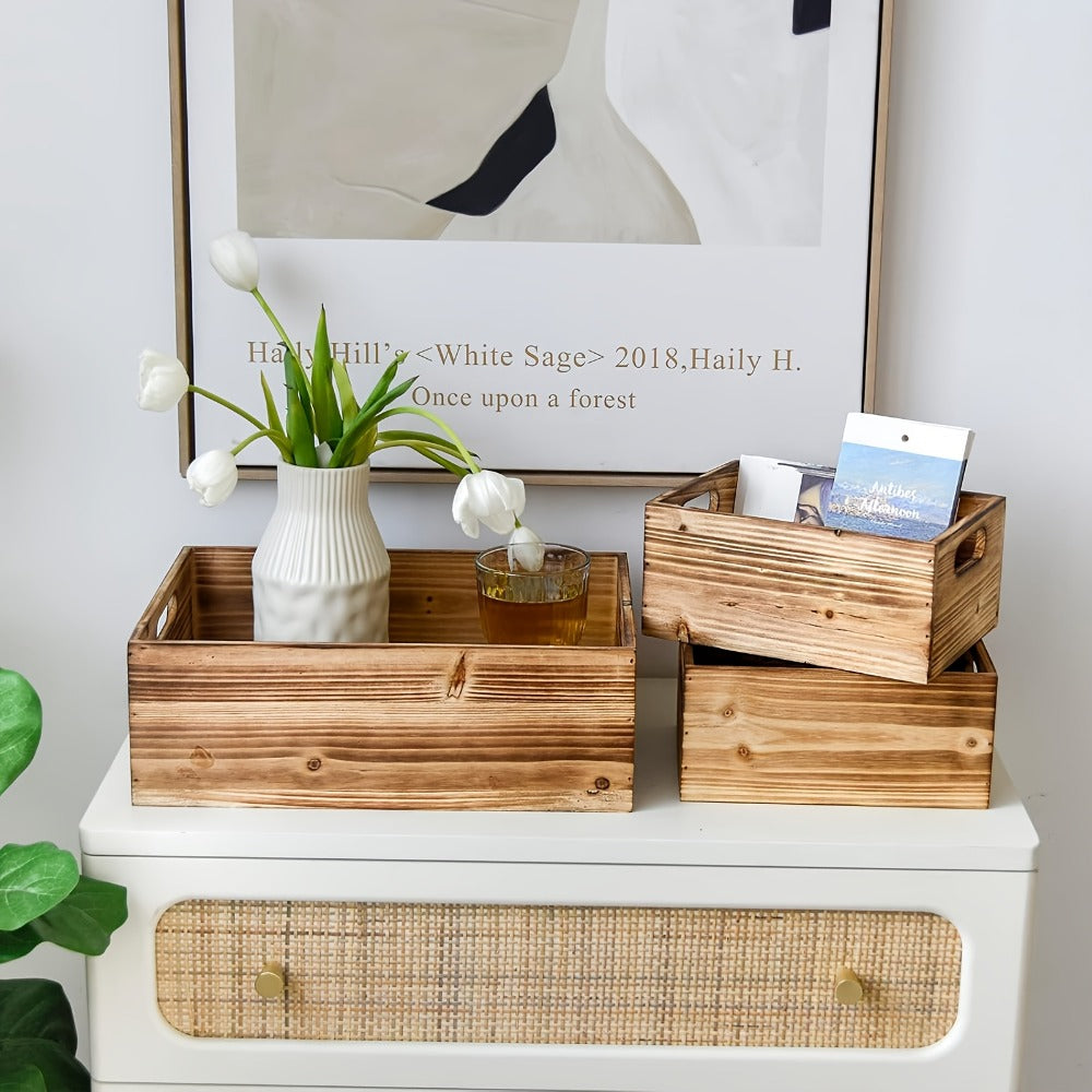 Wooden Crates with Handles Set of 3 – Rustic Farmhouse Storage Boxes for Pantry, Shelf, Closet, Arts & Crafts, Home Organizer Decorative Wood Crate Display Boxes Brown