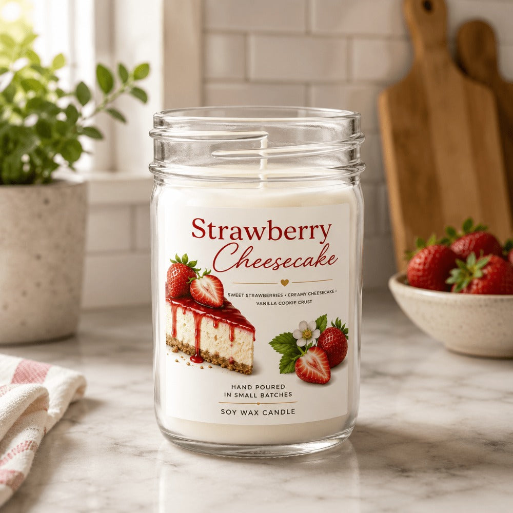 Strawberry Cheesecake Scented Soy Wax Candle – 8oz Mason Jar, 30-40 Hour Burn, 100% Natural Vegan Soy Wax, Phthalate-Free Fragrance, Fall & Holiday Candle Gift, Food-Inspired Dessert Scent