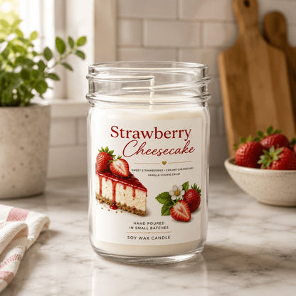 Strawberry Cheesecake Scented Soy Wax Candle – 8oz Mason Jar, 30-40 Hour Burn, 100% Natural Vegan Soy Wax, Phthalate-Free Fragrance, Fall & Holiday Candle Gift, Food-Inspired Dessert Scent