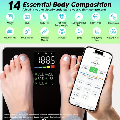 Smart Body Scale 14-in-1 – Body Fat Scale with BMI, Muscle Mass & 14 Health Metrics, Wireless Bluetooth App Sync, Auto Recognition, 500 lb Capacity, HD LED Display for Home & Gym Use