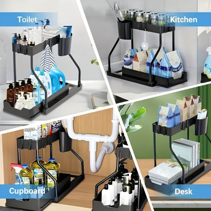 Under Sink Organizer 2pcs with Sliding Shelves – Durable Pull-Out Cabinet Storage for Bathroom Kitchen Space Saving Vertical Design