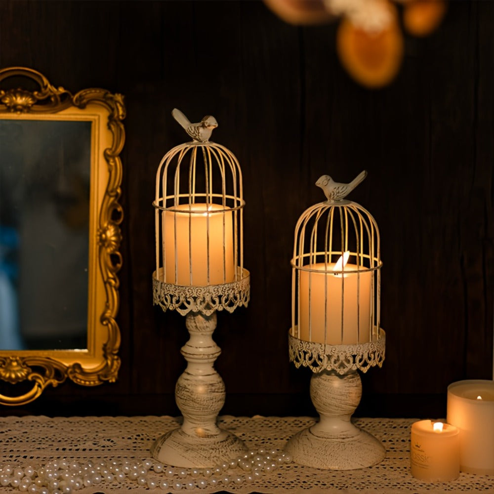 Birdcage Candle Holders Set of 2, Vintage Metal Candlestick Holders with Polished Finish — Wedding Table Centerpieces, Home Decor & Christmas Decoration | Black & White