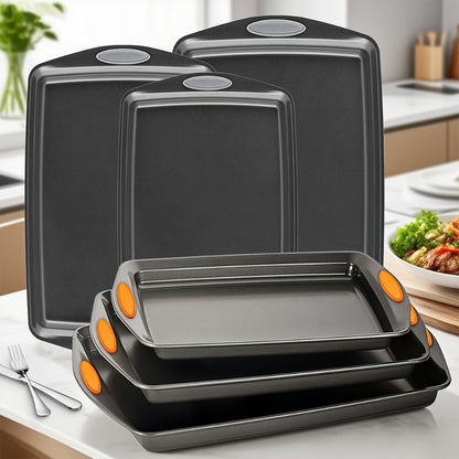 Nonstick Baking Sheet Set with Silicone Handles, Carbon Steel Cookie Sheet Pan Set in Assorted Sizes, Stackable Bakeware for Baking Roasting, Heavy Duty Oven Pans with Orange Handles, 2-Piece or 6-Piece
