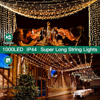 500 LED Christmas String Lights 170 Feet – 8 Lighting Modes with Memory Plug, Transparent Wire Outdoor Lights for Christmas Tree, Party, Balcony & Holiday Decoration – Warm White & Multicolor