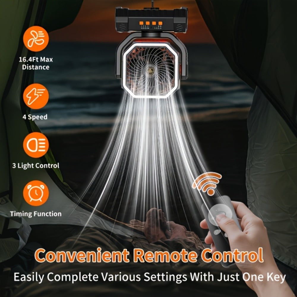 Camping Fan 20000mAh with LED Lantern and Remote Control, 4-Speed 90° Oscillation 1-8H Timer, 59-Hour Battery Life Power Bank Fan with Hook for Tent, Hiking, Outdoor and Indoor Use