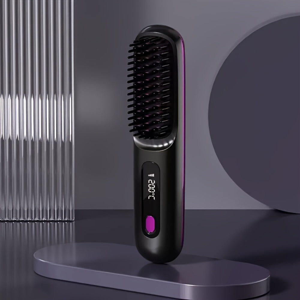 Cordless Hair Straightening Brush – Mini Rechargeable Portable Straightener Comb for Travel Daily Styling, Fast Heating Anti-Scald Frizz Control for All Hair Types, Black & White