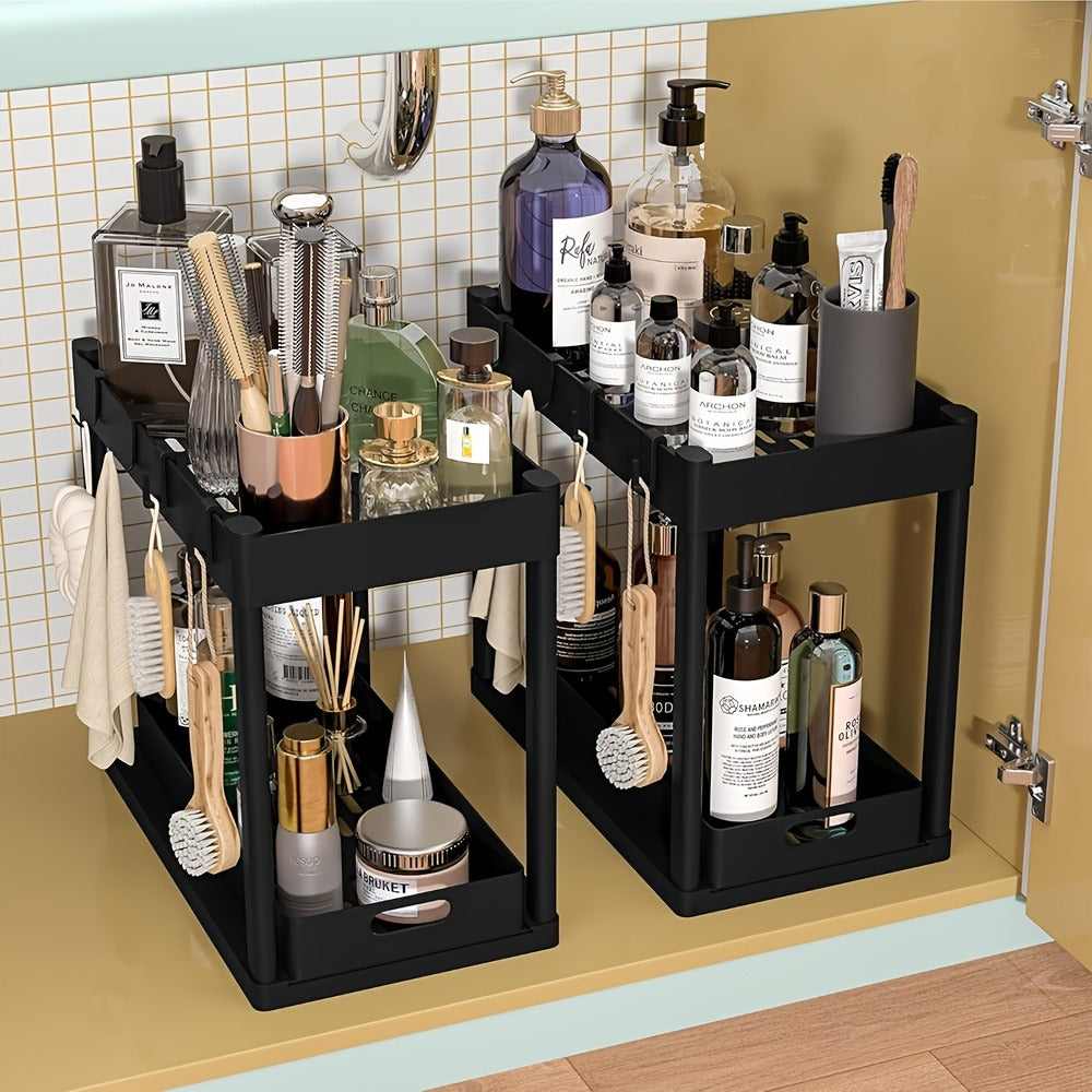 Under Sink Organizer Set of 2 – Dual Tier Sliding Basket Drawers with 8 Hooks Kitchen Bathroom Cabinet Storage