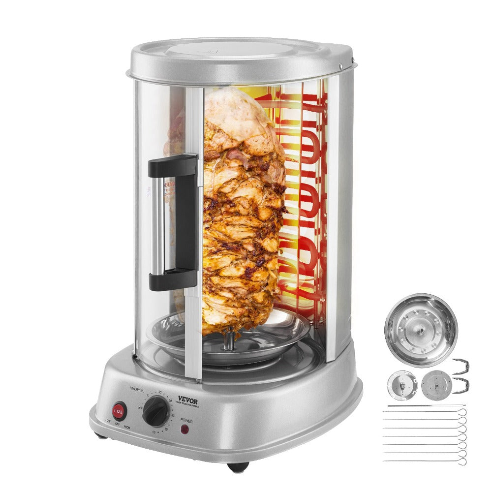 Electric Shawarma Grill Machine 20L Vertical Gyro Rotisserie Doner Kebab Maker Stainless Steel 360 Auto Rotation Timer 419°F Max Temp Multifunctional for Home Family Gatherings