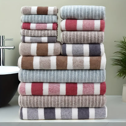 Coral Fleece Towel Set 9 or 15 Piece No Hair Loss 320GSM - Super Soft Absorbent Two-Color Striped | 2 Bath 2 Face 5 Hand Towels | Gray Brown Red Green Blue Mixed | Bathroom Beach Essentials