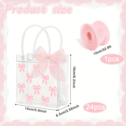 Clear PVC Gift Bags 24pcs with Pink Bow & Ribbon | Party Favor Bags for Wedding Birthday Baby Shower Christmas