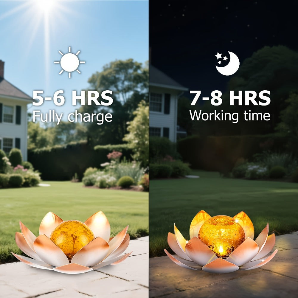 Solar Lotus Garden Lights 2-Pack – Rustic Iron Outdoor Stake Light with Cracked Glass Globe, IPX4 Waterproof Solar Powered Yard Lawn Patio Pool Decor, Warm Glow Landscape Lighting Gift