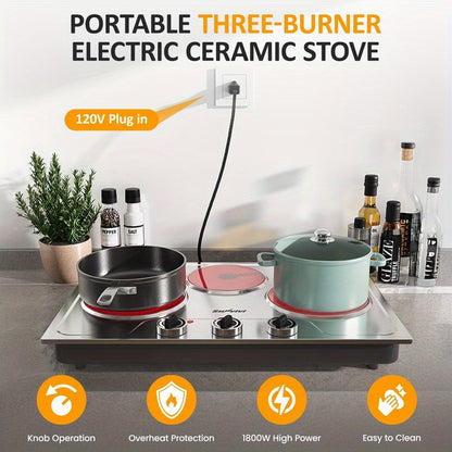 Portable Electric Cooktop Triple Burner 1800W – Royalcraft Countertop Electric Stove with Knob Control, Indicator Light, Compatible with All Cookware, Silver