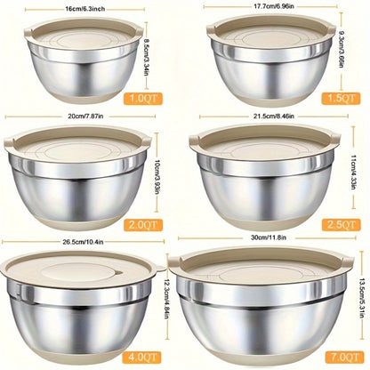 Stainless Steel Mixing Bowls with Airtight Lids 26pcs Set, 3 Grater Attachments, Non-Slip Bottoms, 7Qt 4Qt 2.5Qt 2Qt 1.5Qt 1Qt, Nesting Bowls for Mixing Serving Salad Baking