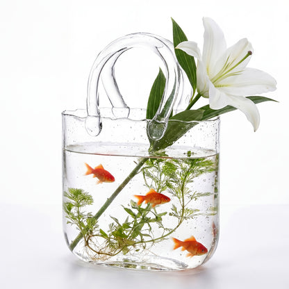 Glass Purse Vase for Flowers Glow in the Dark Vase Fish Bowl Bubble Clear Bag Vase with Handle 7.7x3.9x10.4In Unique Decorative Vases for Centerpieces Wedding Table Christmas Home Decor