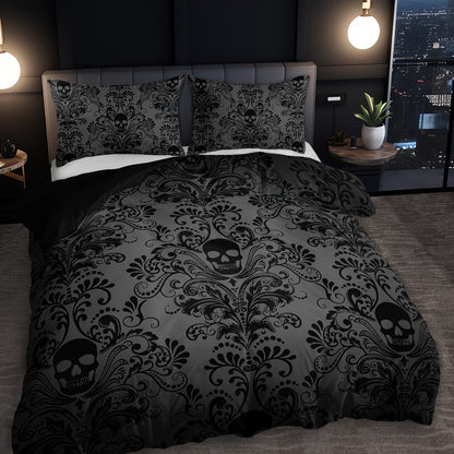 Skull Duvet Cover Set 3pcs – Gothic Victorian Baroque Black & White Skull Bedding with 2 Pillowcases, Digital Print Halloween Bedroom Decor (Twin, Full, Queen, King – No Insert)