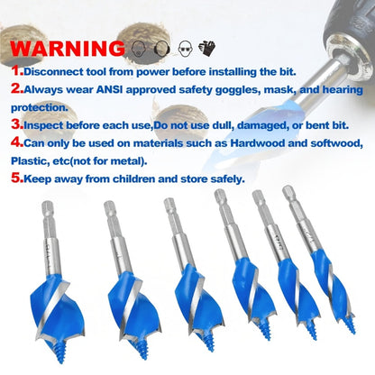 Drill Bit Set 6PCS Hex Shank Quick Change - Metal Hexagonal Handle with 4 Slots & 4 Blades, Multi-Purpose Wood & Metal Drill Bits for Door Locks Drawers Hole Drilling Woodworking DIY Projects