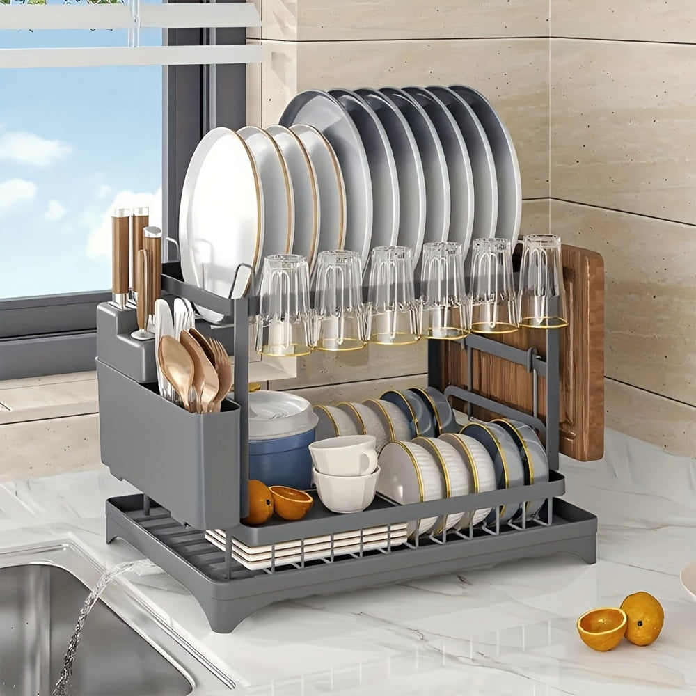 2-Tier Metal Dish Drying Rack with Drainboard – Kitchen Counter Dish Drainer Compact Countertop Drying Rack Black White Gray