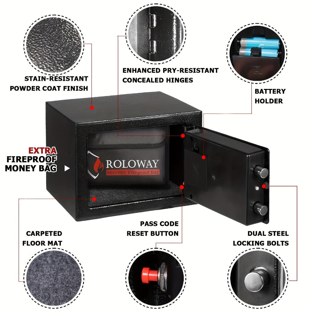 Fireproof Safe Box with Keyboard Lock – ROLOWAY Home & Office Security Safe with Fireproof Bag, Multiple Sizes, Black & Pink Options