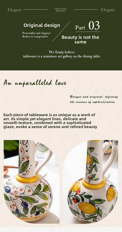 Ceramic Oil and Vinegar Dispenser Set Hand-Painted Underglaze Anti-Drip Leak-Proof Kitchen Oil Bottle with Oil Spout and Foot Pad Olive Green Lemon Yellow