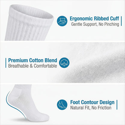 Multicolor Diabetic Crew Socks 12 Pairs Cotton Non-Binding Neuropathy Seamless Cushioned Loose Fit for Men Women Sensitive Feet Edema White Black Grey Size 9-11 10-13