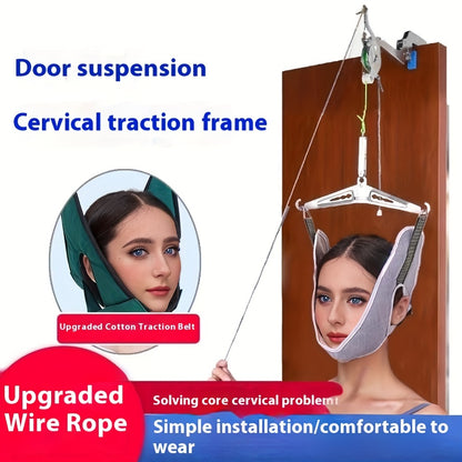 Cervical Traction Device with Handle, Adjustable Neck Traction Belt & Shoulder Massager, Spinal Decompression Pillow for Muscle Tension Relief, Durable Iron & Nylon Home Neck Stretcher