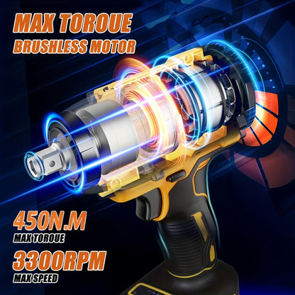 Cordless Impact Wrench 1/2 Inch Brushless – 450N.m 259Ft-lbs High Torque Impact Gun, 3300RPM Variable Speed, 12 Sockets, Fast Charger & Dual Battery Options for Auto Repair & Home Use