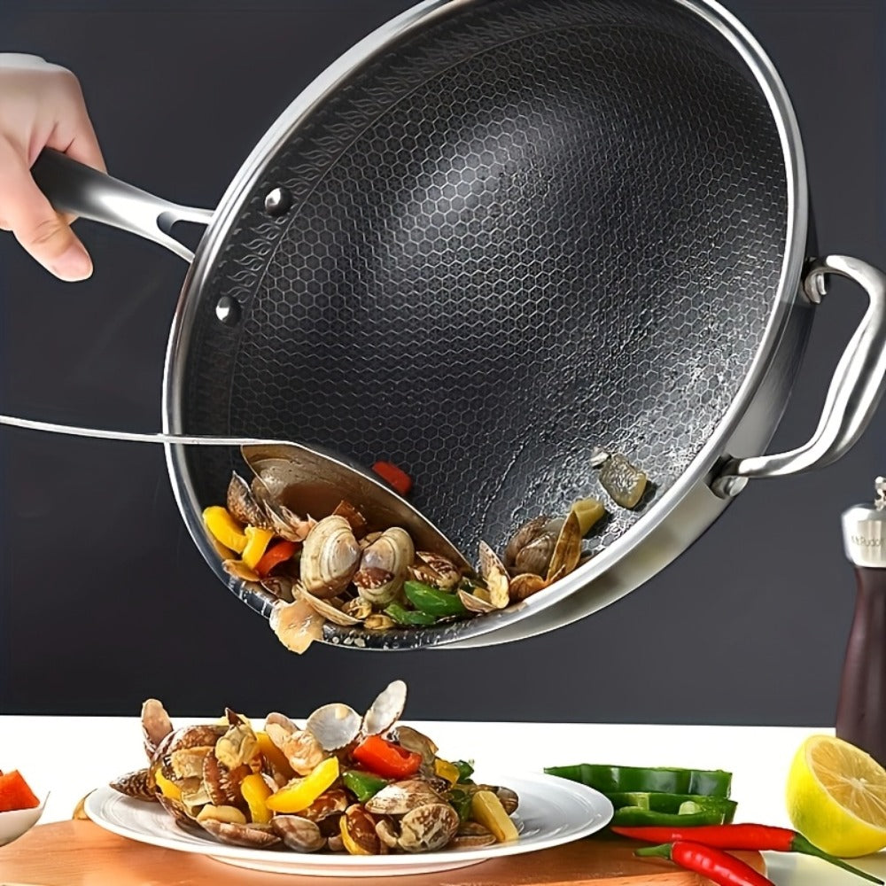 Stainless Steel Wok Set 13.3 Inch Non-stick Honeycomb Design with Lid & 2 Cookware Accessories – Induction Compatible Cooking Pan for Electric Ceramic Gas Stove, Dishwasher Safe