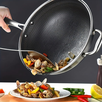 Stainless Steel Wok Set 13.3 Inch Non-stick Honeycomb Design with Lid & 2 Cookware Accessories – Induction Compatible Cooking Pan for Electric Ceramic Gas Stove, Dishwasher Safe