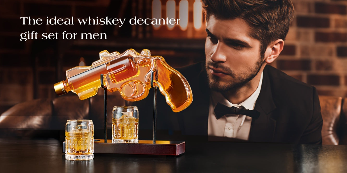 Pistol Whiskey Decanter Set with 2 Shot Glasses – Cool Liquor Dispenser Gift for Him, Husband, Dad | Unique Birthday & Anniversary Bar Gift