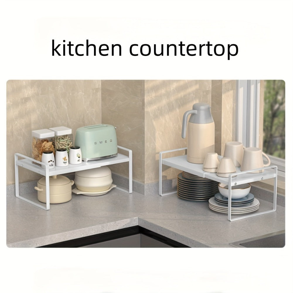 Expandable Cabinet Shelf Organizer Riser – Height Adjustable Retractable Rack with Suction Cup Base for Kitchen Pantry Cupboard Under Sink Countertop, Heavy Duty Metal Space Saver, Stackable Storage