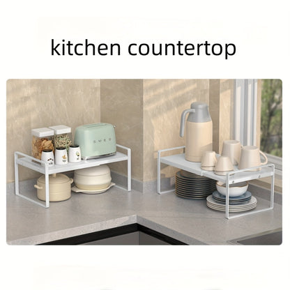 Expandable Cabinet Shelf Organizer Riser – Height Adjustable Retractable Rack with Suction Cup Base for Kitchen Pantry Cupboard Under Sink Countertop, Heavy Duty Metal Space Saver, Stackable Storage
