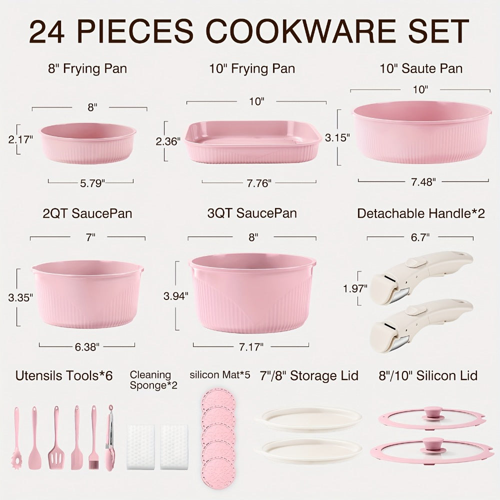 Nonstick Cookware Set 5/7/24 Piece Induction Ready with Detachable Handles – Stackable Pots & Pans Set Includes Skillet Frying Pan Soup Pot Steak Pan for Home RV Kitchen, Multiple Colors