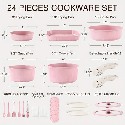 Nonstick Cookware Set 5/7/24 Piece Induction Ready with Detachable Handles – Stackable Pots & Pans Set Includes Skillet Frying Pan Soup Pot Steak Pan for Home RV Kitchen, Multiple Colors
