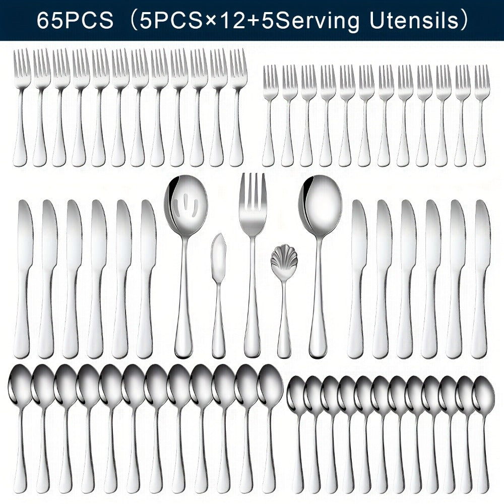 Stainless Steel Silverware Set Flatware Set with Forks Spoons & Knives – Modern Cutlery Set for Kitchen, Dining & Parties, Service for 4/6/12, 20/24/30/65 Piece