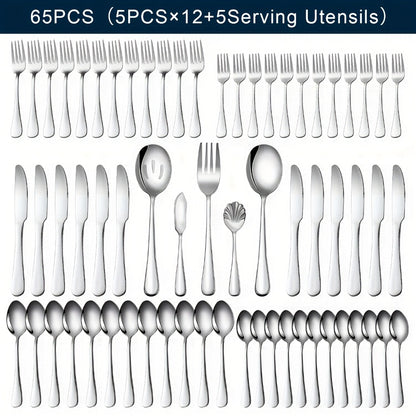 Stainless Steel Silverware Set Flatware Set with Forks Spoons & Knives – Modern Cutlery Set for Kitchen, Dining & Parties, Service for 4/6/12, 20/24/30/65 Piece