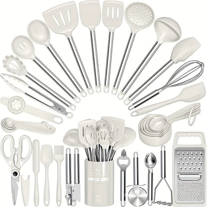 Silicone Cooking Utensils Set 34 Piece with Stainless Steel Handle, Heat Resistant Kitchen Gadgets Tools for Nonstick Cookware, Spatulas Spoons Tongs Whisk Complete Kitchen Accessories Gift Set